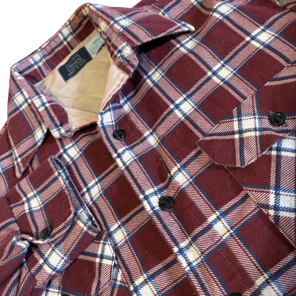 Sears Flannel Shirt Jacket Mens L Burgundy Plaid Quilted Perma-Prest Vintage USA